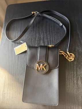 Michael Kors Black Leather MK Circle Logo Crossbody Phone Pouch